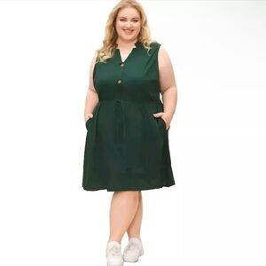 BLOOMCHIC Women’s Plain Ties Front Button Pocket V-neck Dress Green Sz 18-20 NEW